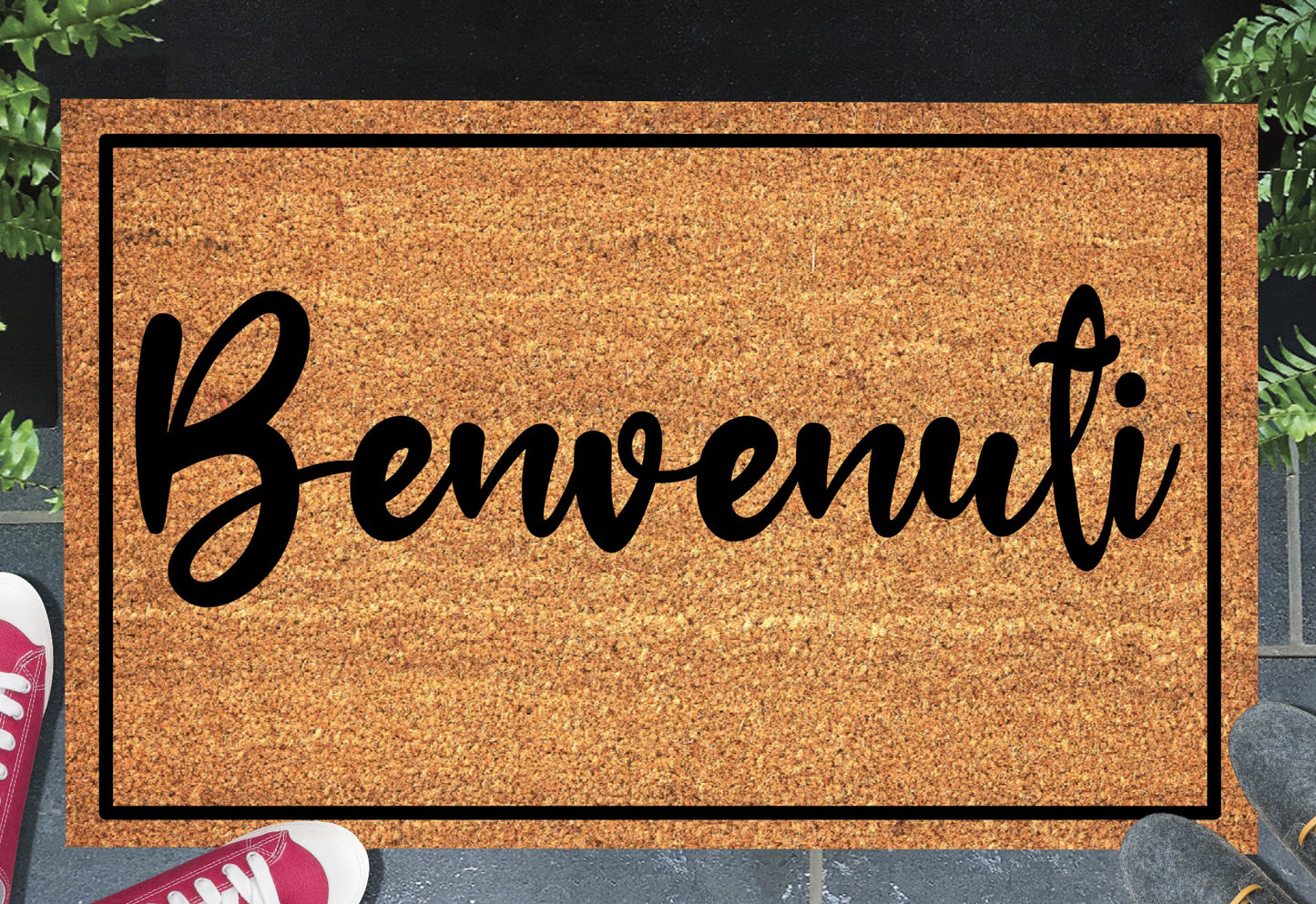 Benvenuti Italian welcome doormat in doorway – natural coir, 16x24 18x30 24x36