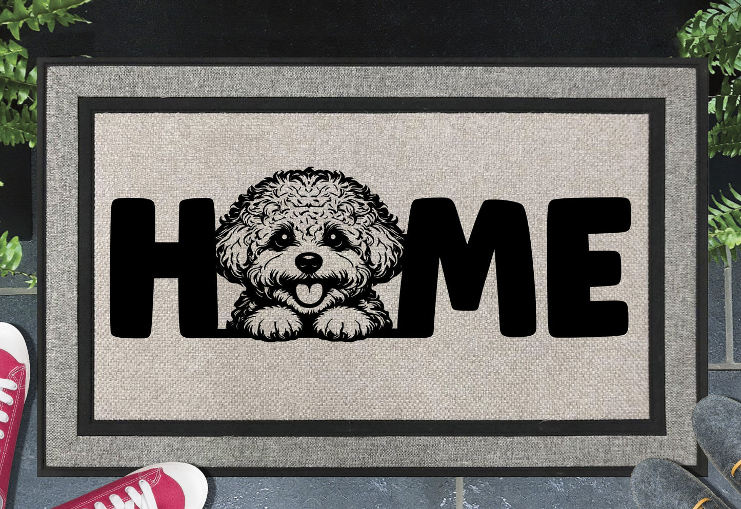 Bichon Frise HOME all-weather doormat placed at front door entrance
