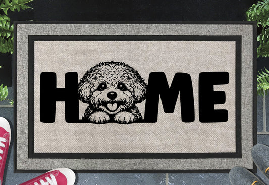 Bichon Frise HOME all-weather doormat placed at front door entrance