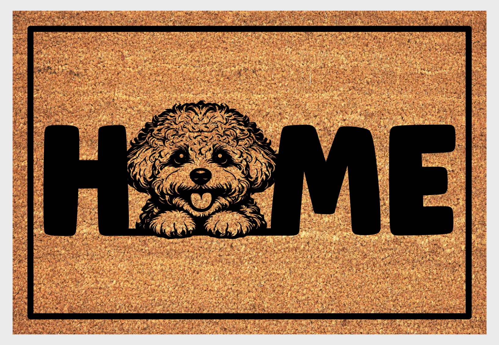 Bichon Frise doormat with HOME text in natural coir fiber