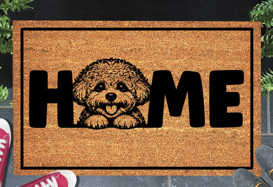 Bichon Frise HOME doormat in natural coir placed at front door entrance