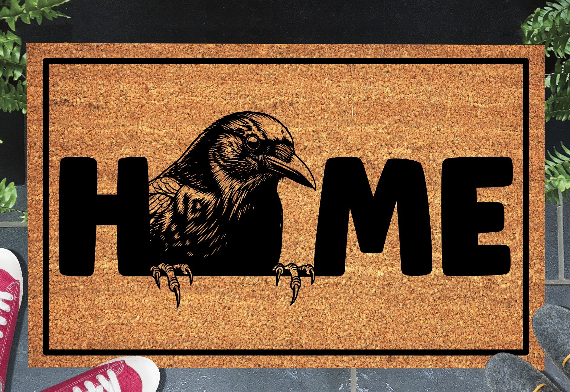 Blackbird doormat #2 with home text placed at front door entryway
