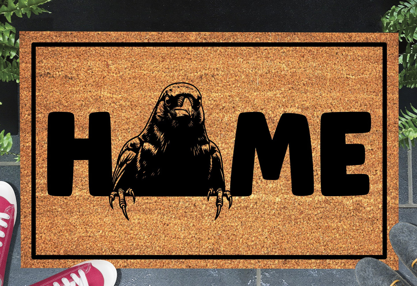 Blackbird doormat #3 with home text placed at front door entryway