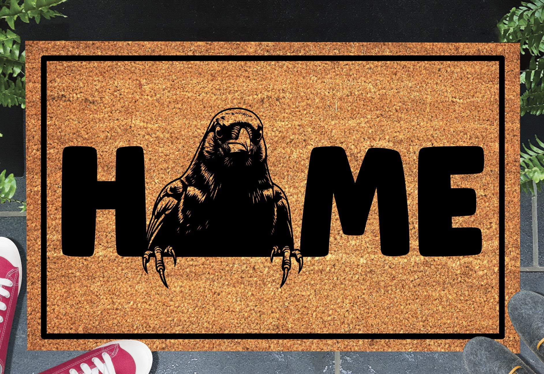Blackbird doormat #3 with home text placed at front door entryway