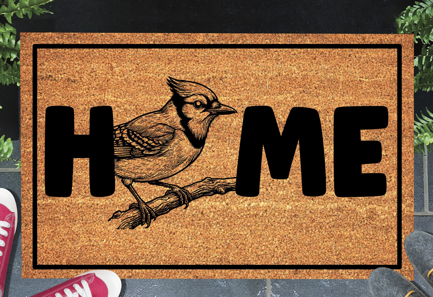 Blue Jay doormat in entryway – natural coir jaybird welcome mat