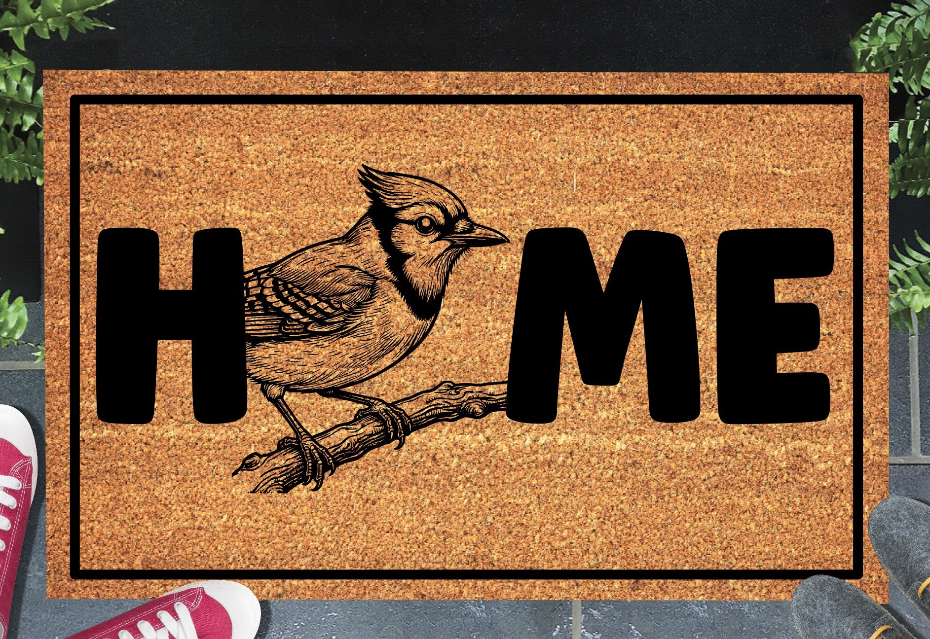 Blue Jay doormat in entryway – natural coir jaybird welcome mat