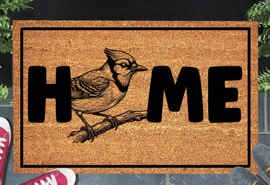 Blue Jay doormat in entryway – natural coir jaybird welcome mat
