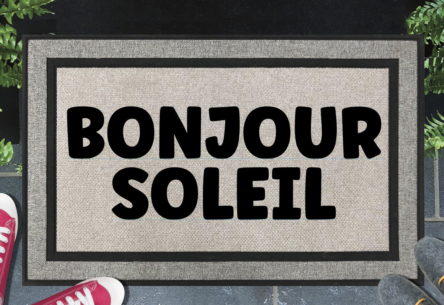 Bonjour Soleil all weather doormat - French hello sunshine design - durable woven polyester mat with non-slip backing - 18x30 outdoor entryway mat