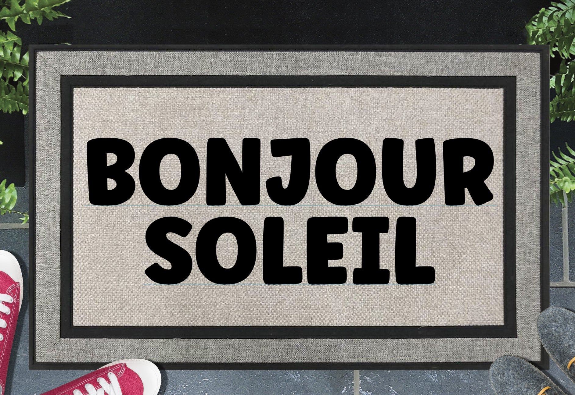 Bonjour Soleil all weather doormat - French hello sunshine design - durable woven polyester mat with non-slip backing - 18x30 outdoor entryway mat