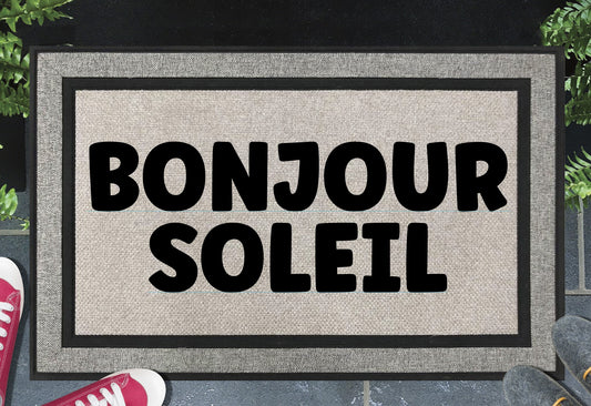 Bonjour Soleil all weather doormat - French hello sunshine design - durable woven polyester mat with non-slip backing - 18x30 outdoor entryway mat