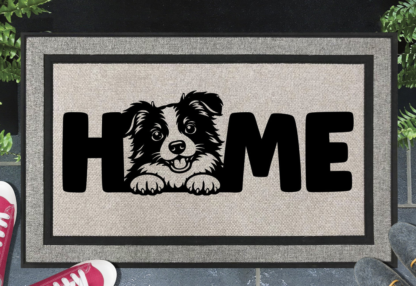 Border Collie all weather doormat with home message