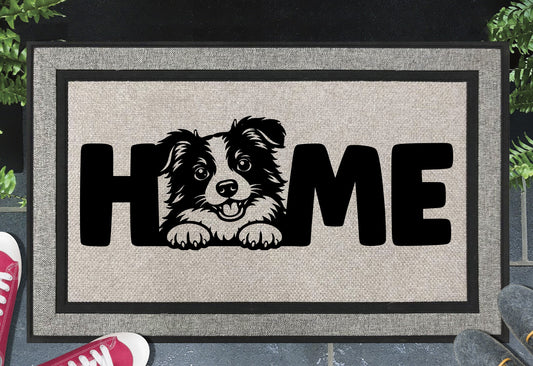Border Collie all weather doormat with home message