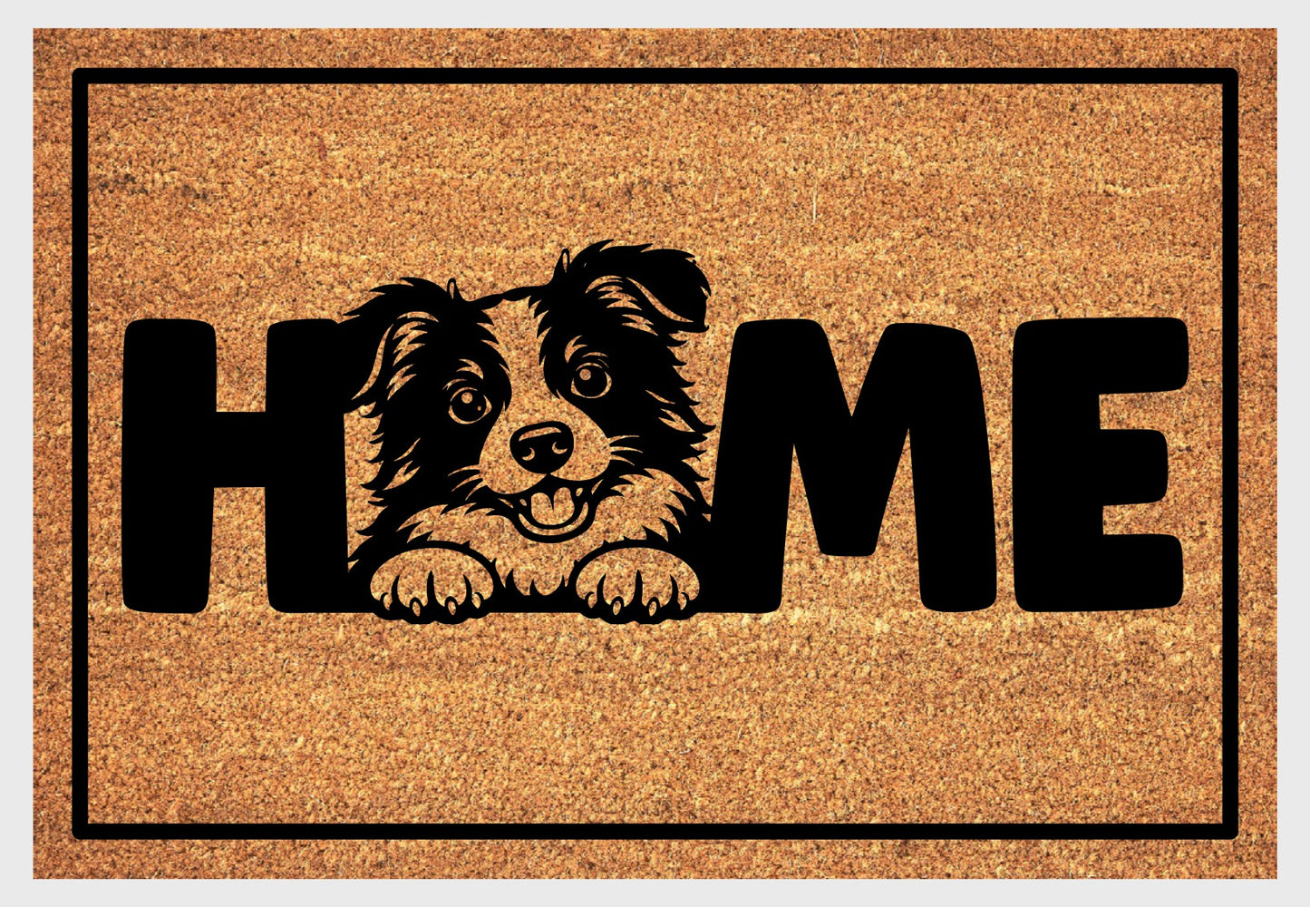 Border Collie home welcome mat in natural coir fiber showing detailed design