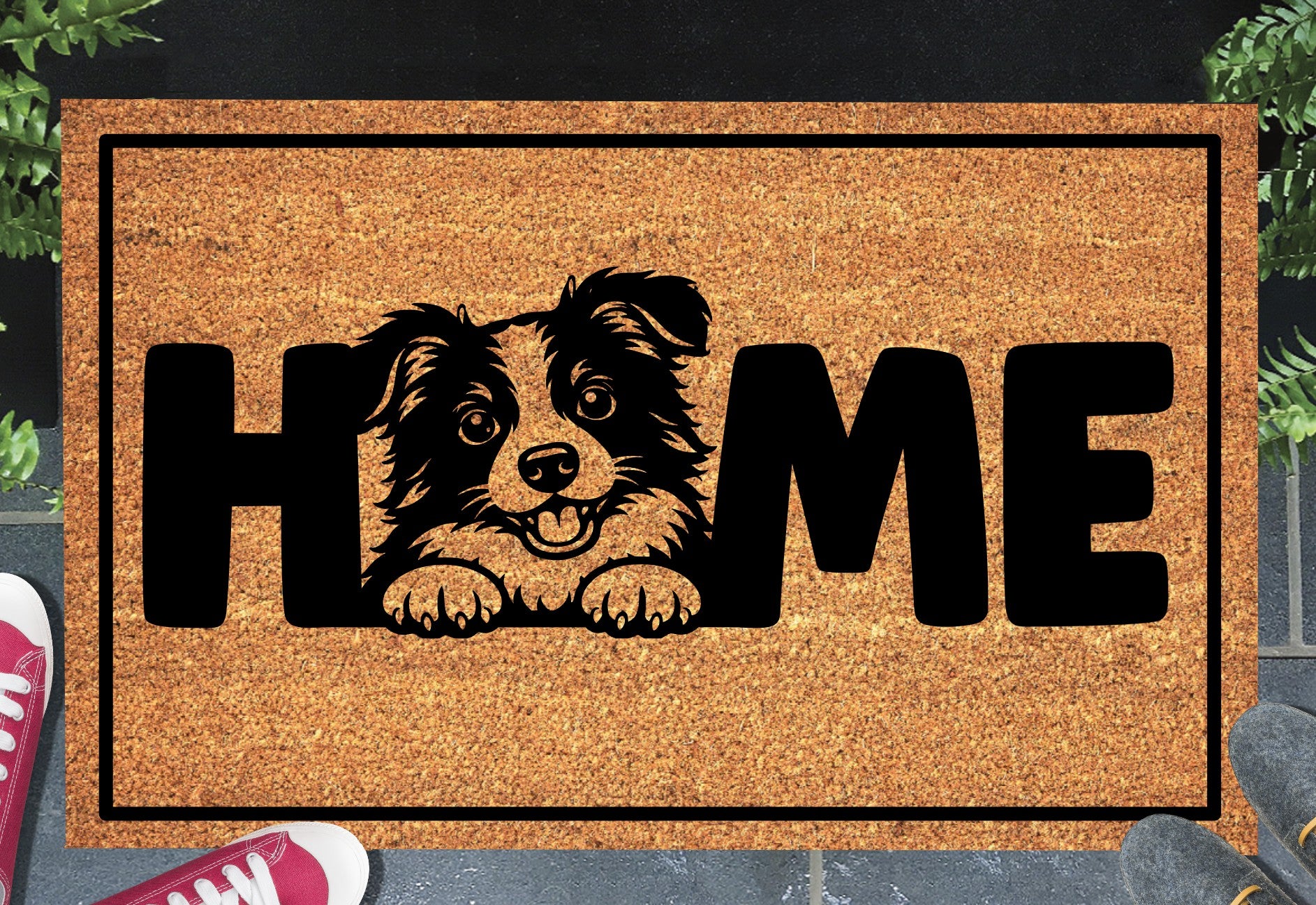 Border Collie doormat with home message displayed at front door entryway