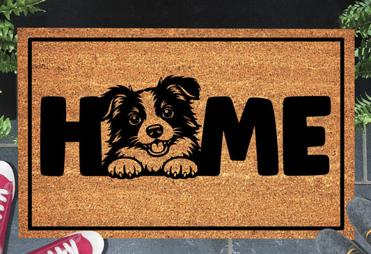 Border Collie doormat with home message displayed at front door entryway