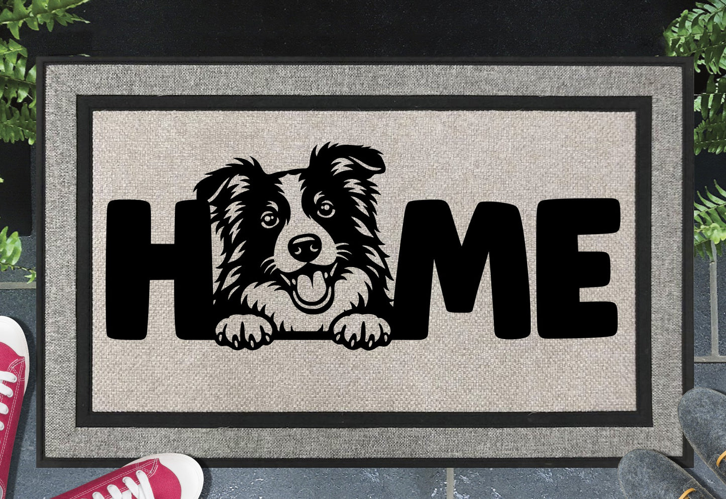 Border Collie all weather doormat with home message