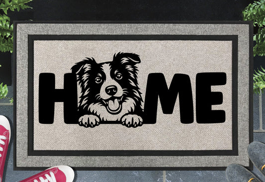 Border Collie all weather doormat with home message
