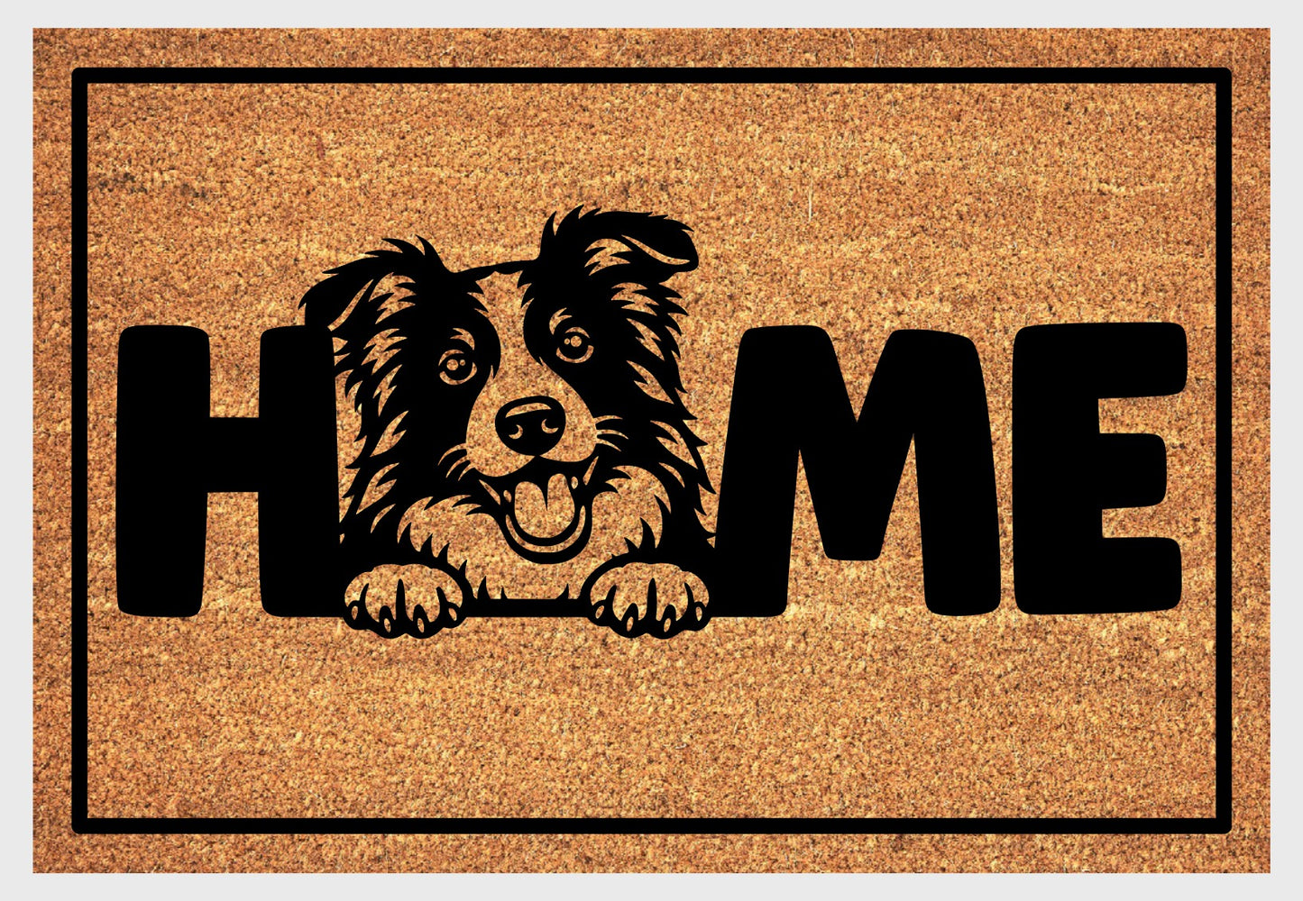 Border Collie home welcome mat in natural coir fiber showing detailed design