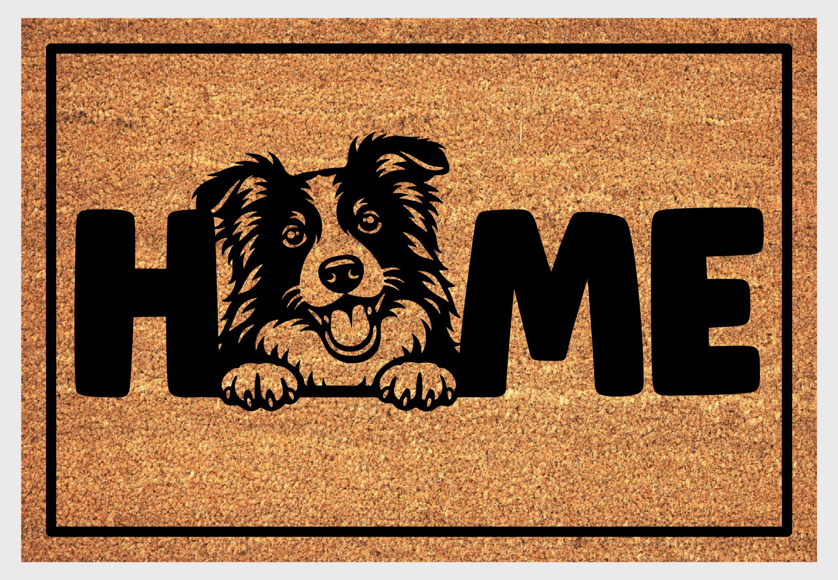 Border Collie home welcome mat in natural coir fiber showing detailed design