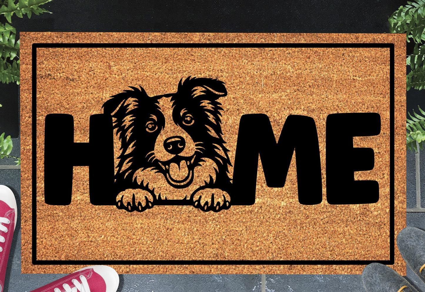 Border Collie doormat with home message displayed at front door entryway