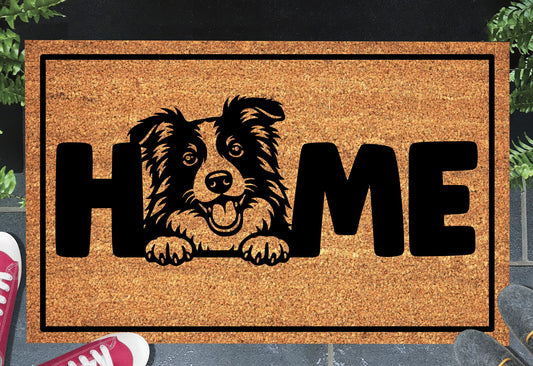 Border Collie doormat with home message displayed at front door entryway