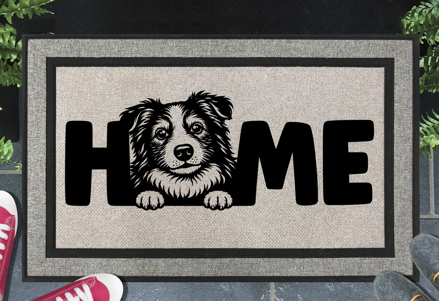 Border Collie all weather doormat with home message