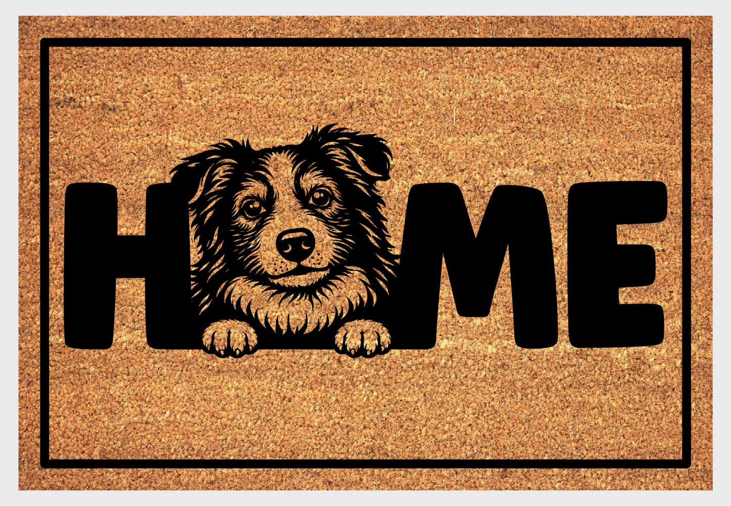 Border Collie home welcome mat in natural coir fiber showing detailed design