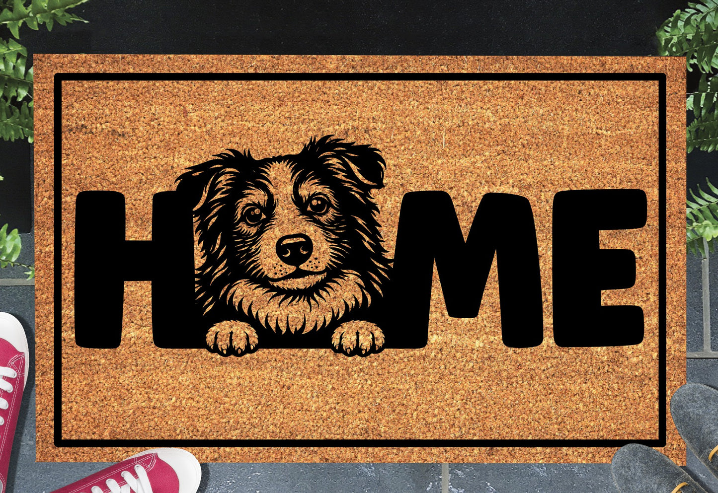 Border Collie doormat with home message displayed at front door entryway