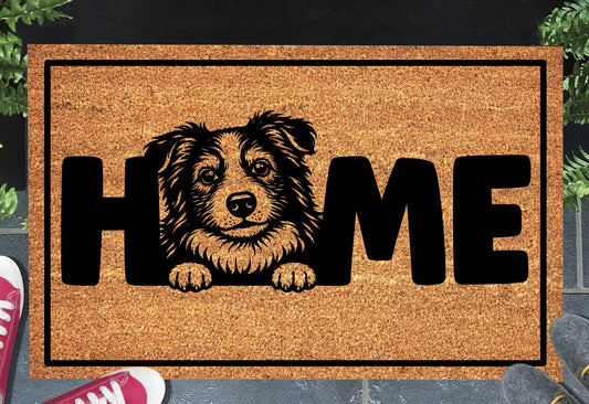 Border Collie doormat with home message displayed at front door entryway