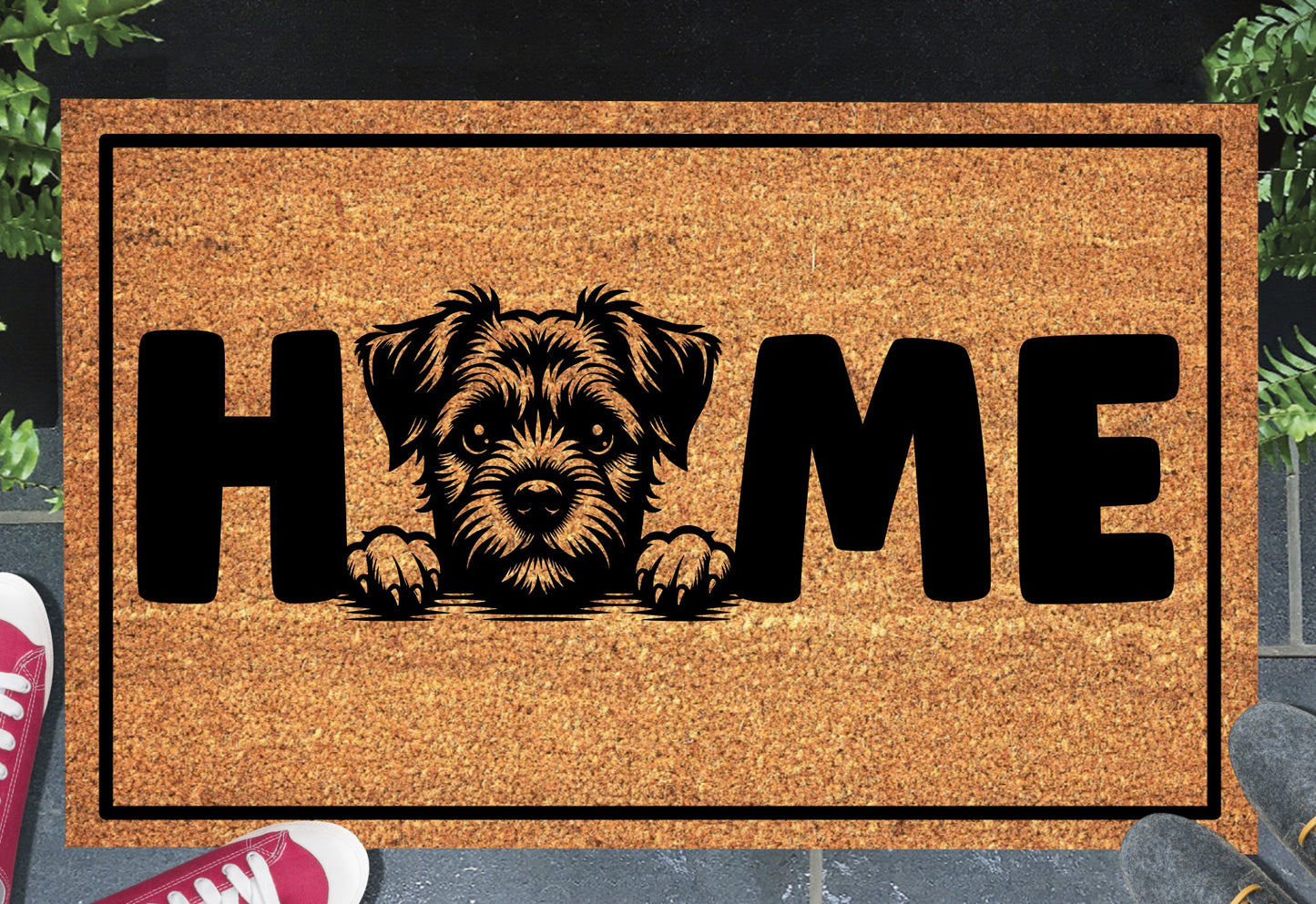 Border Terrier Doormat #1 with dog breed design and home text placed at front door entryway