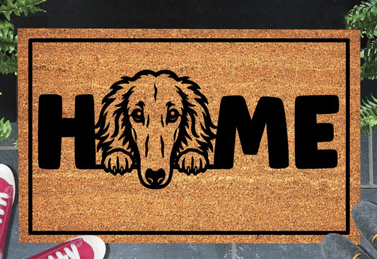 Borzoi doormat #3 — natural coir welcome mat with peeking Borzoi portrait design show in doorway