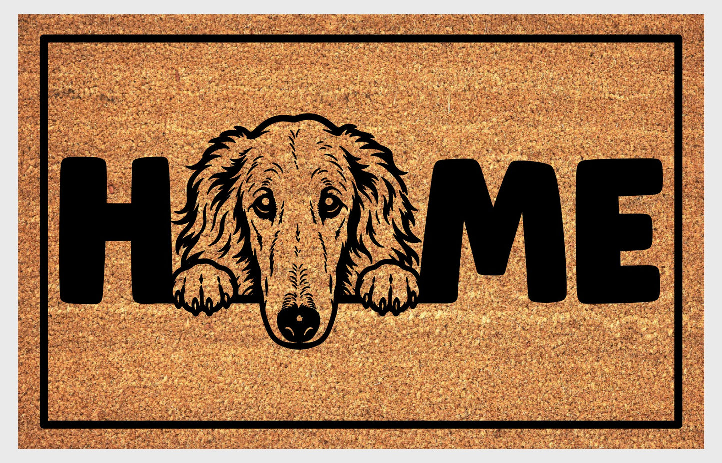 Borzoi coir doormat #4 — natural fiber welcome mat with peeking Borzoi portrait design, flat lay product shot
