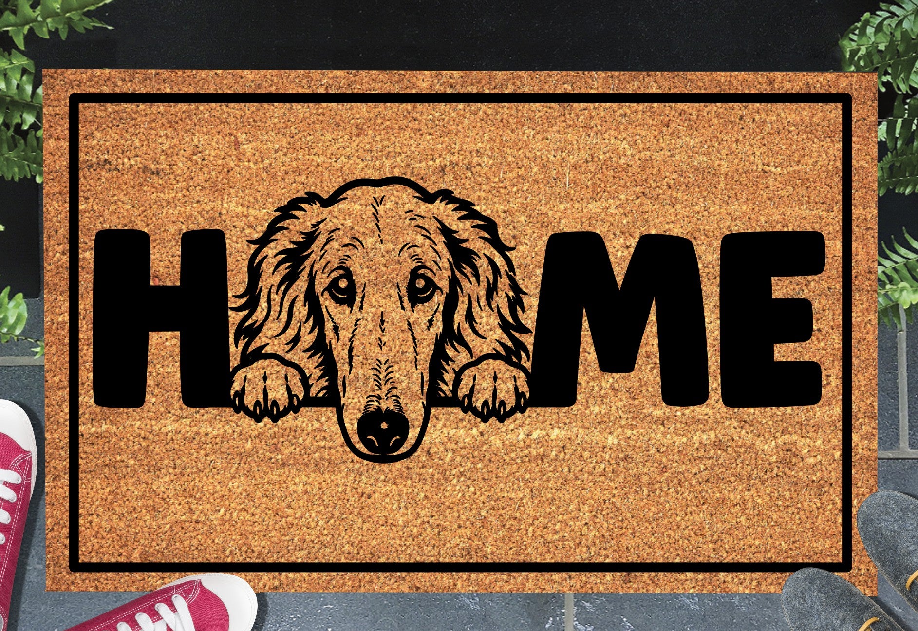 Borzoi doormat #4 — natural coir welcome mat with peeking Borzoi portrait design, shown in entryway
