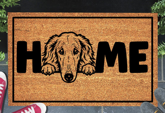 Borzoi doormat #4 — natural coir welcome mat with peeking Borzoi portrait design, shown in entryway