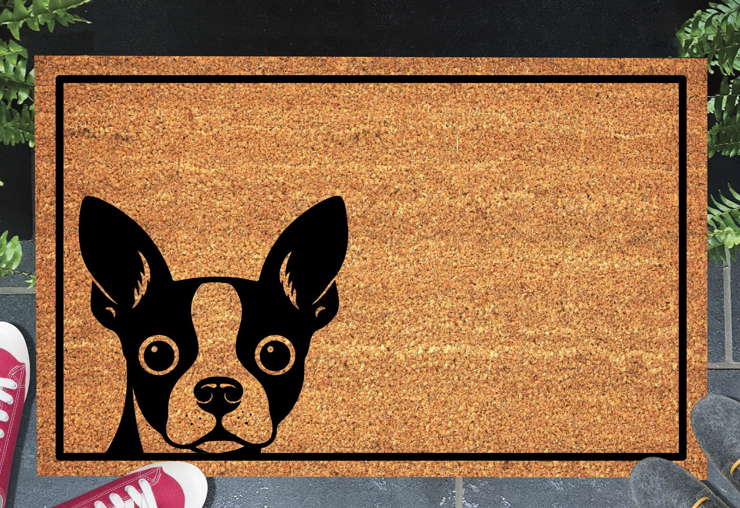 Peeking Boston Terrier doormat #1 with dog peeping over edge placed at front door entryway