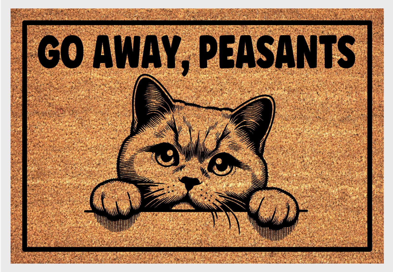 British Shorthair Cat Go Away Peasants natural coir doormat close-up