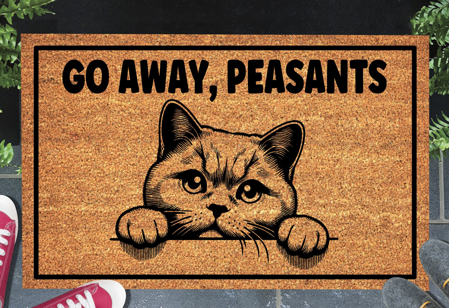 British Shorthair Cat Go Away Peasants doormat displayed at front door entryway