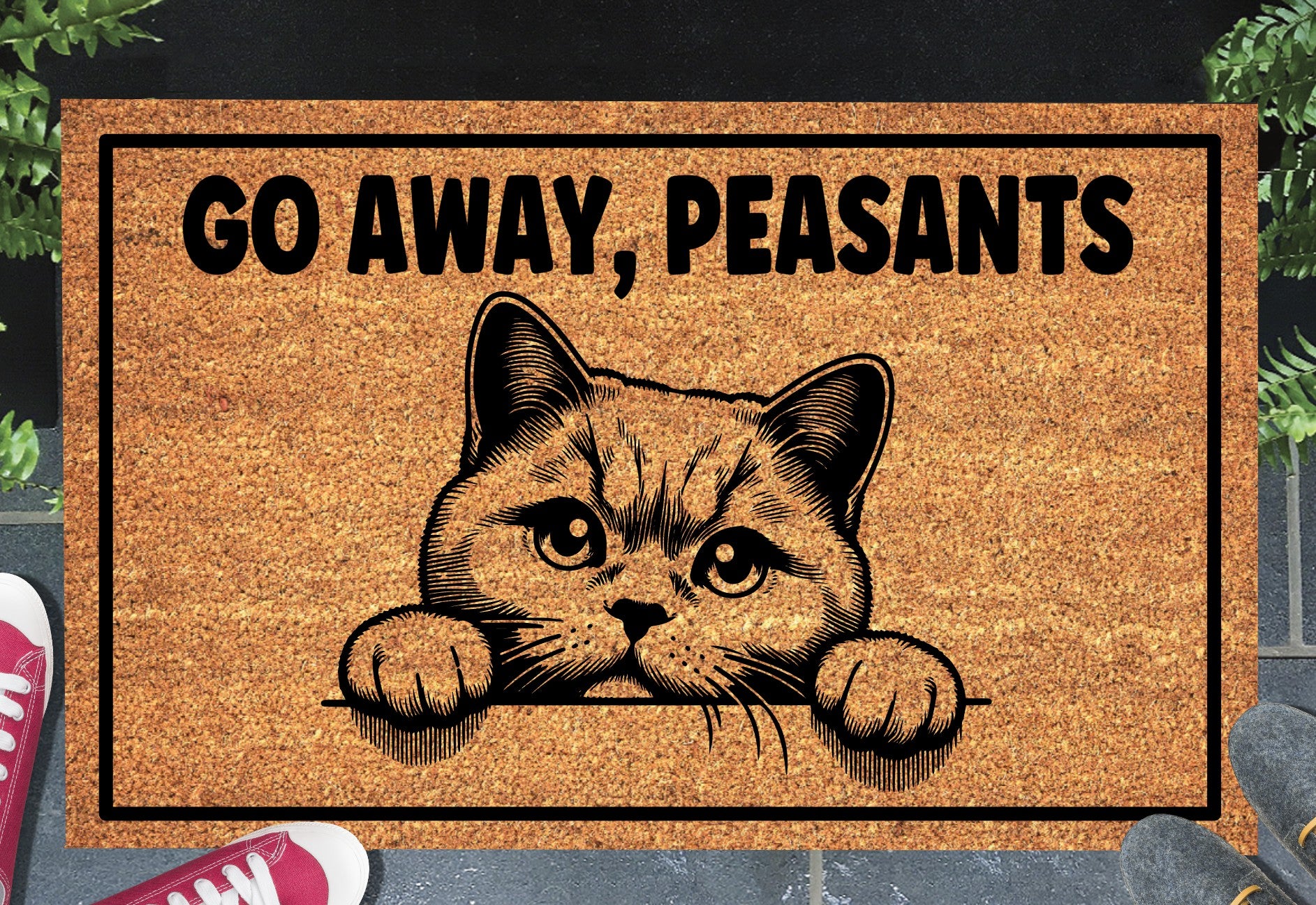 British Shorthair Cat Go Away Peasants doormat displayed at front door entryway