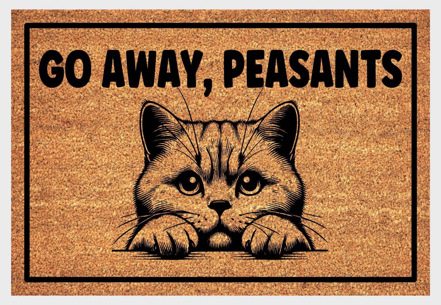 British Shorthair Cat Go Away Peasants natural coir doormat close-up