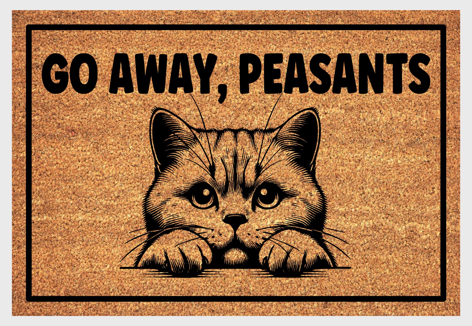 British Shorthair Cat Go Away Peasants natural coir doormat close-up