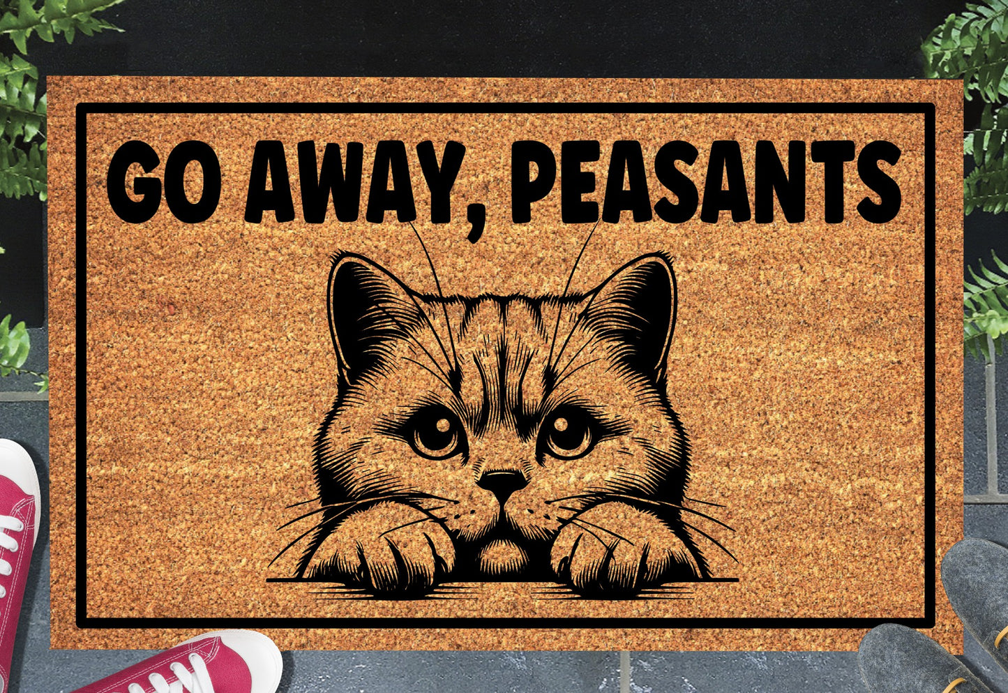 British Shorthair Cat Go Away Peasants doormat displayed at front door entryway