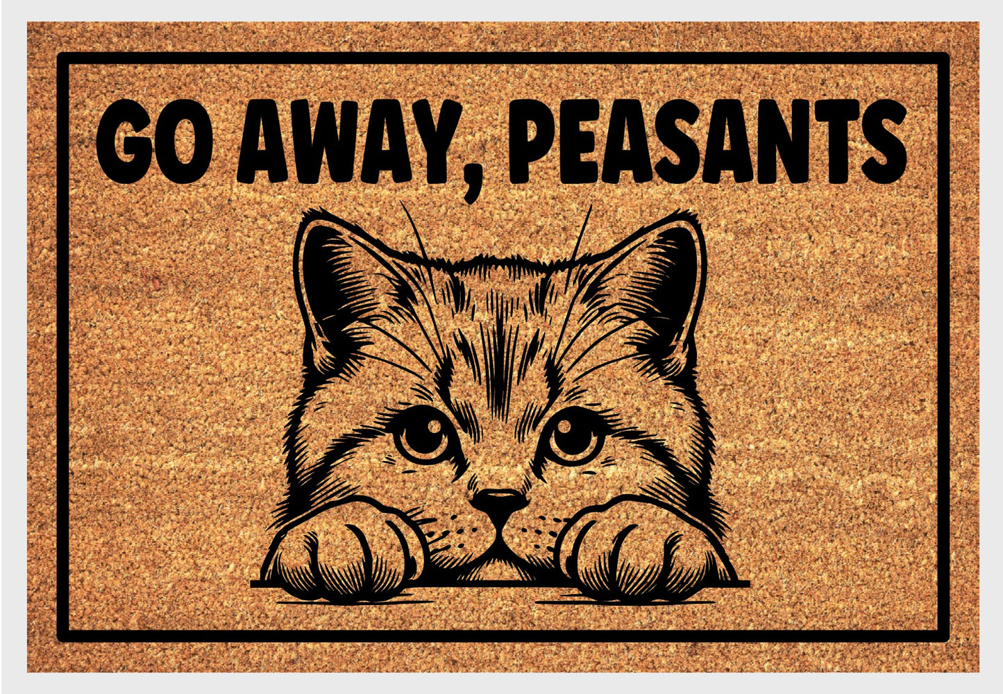 British Shorthair Cat Go Away Peasants natural coir doormat close-up