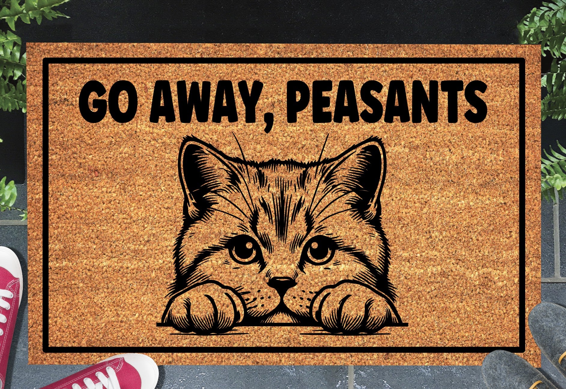 British Shorthair Cat Go Away Peasants doormat displayed at front door entryway