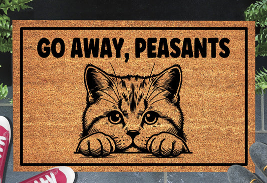 British Shorthair Cat Go Away Peasants doormat displayed at front door entryway