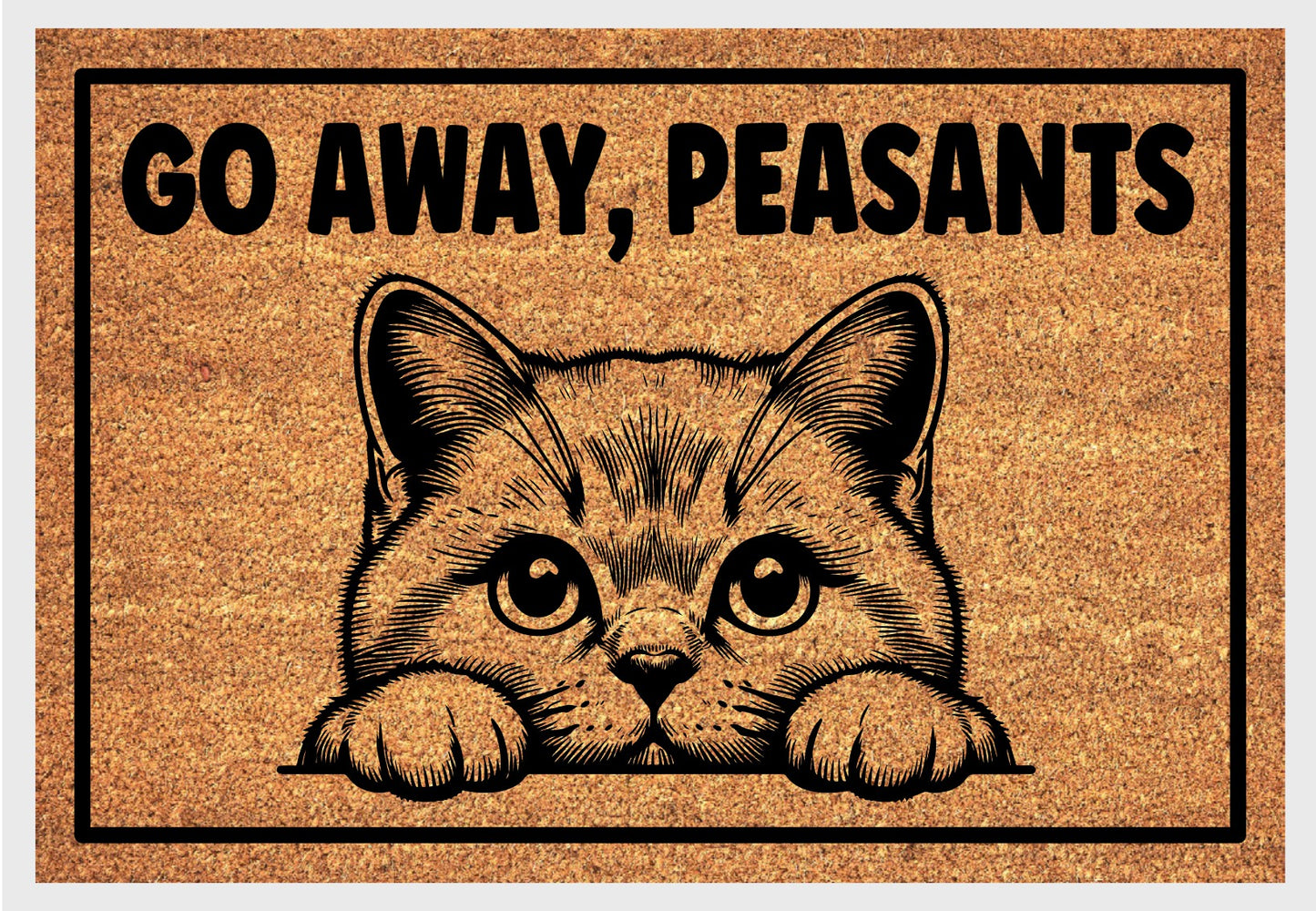 British Shorthair Cat Go Away Peasants natural coir doormat close-up