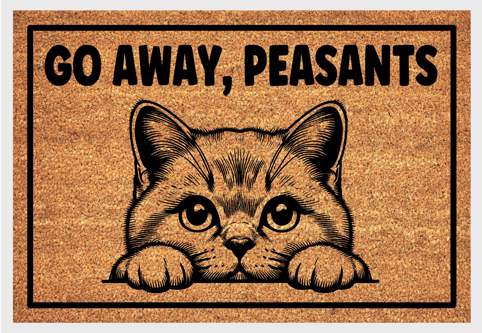 British Shorthair Cat Go Away Peasants natural coir doormat close-up