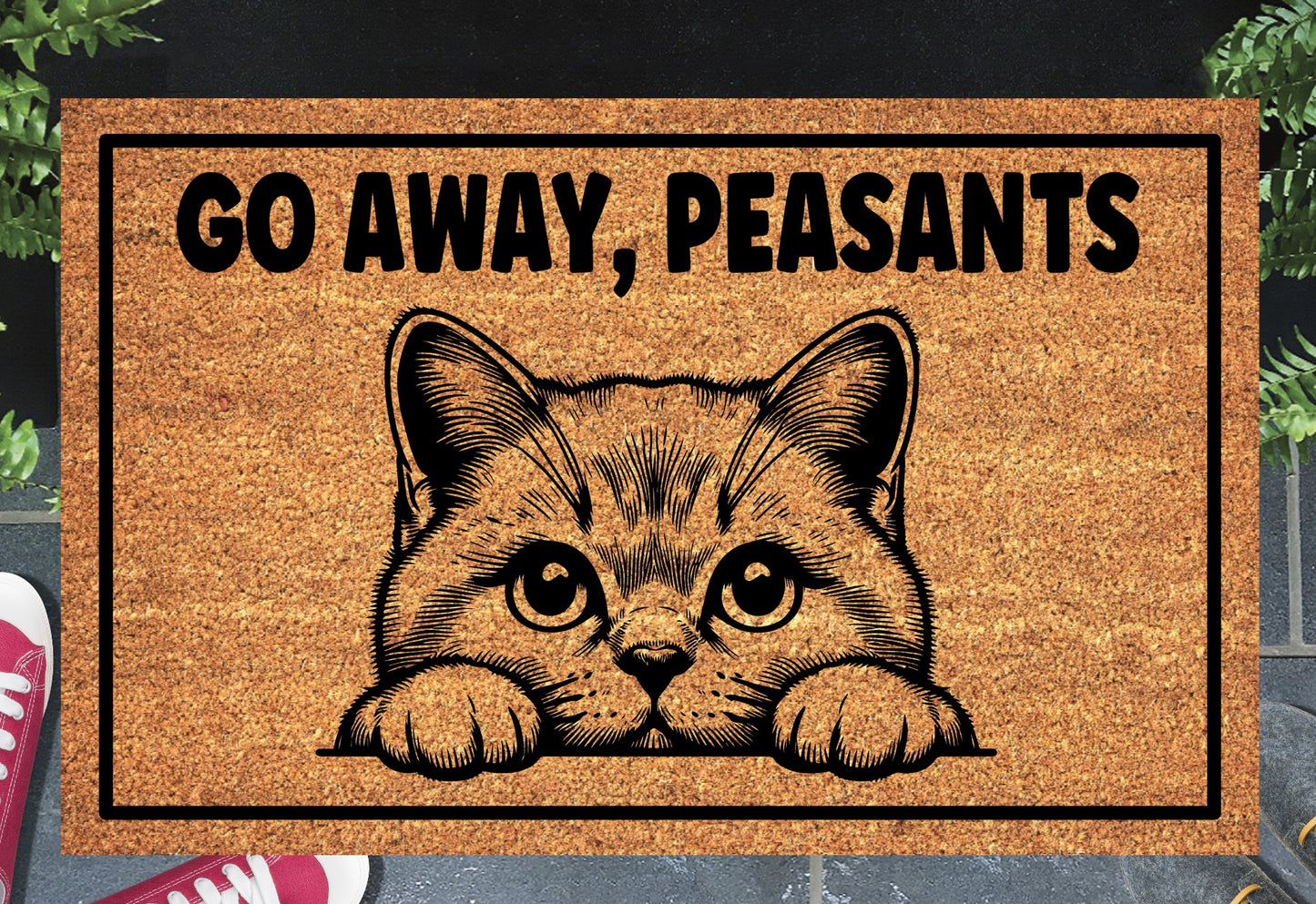 British Shorthair Cat Go Away Peasants doormat displayed at front door entryway