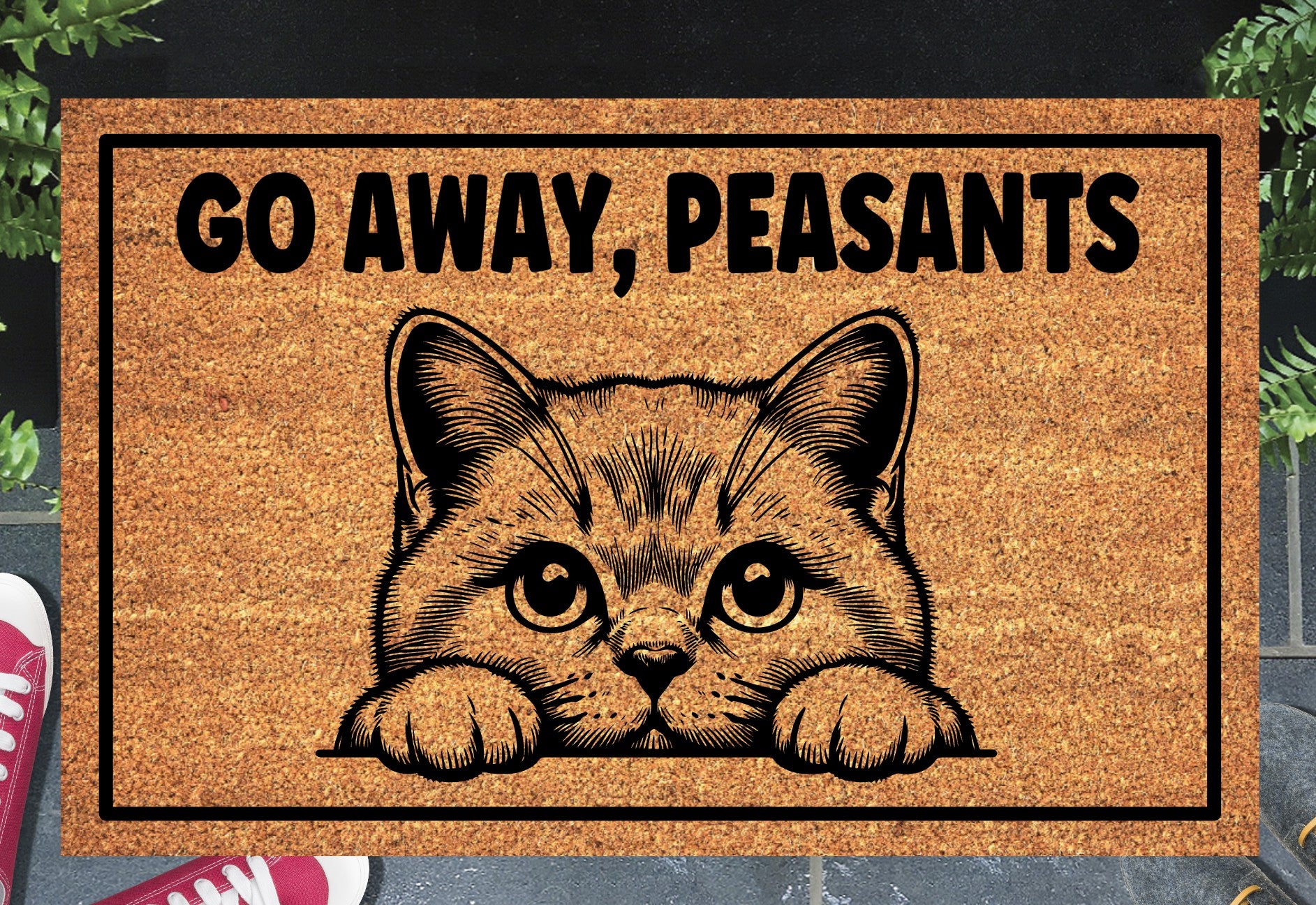British Shorthair Cat Go Away Peasants doormat displayed at front door entryway