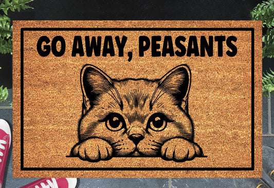 British Shorthair Cat Go Away Peasants doormat displayed at front door entryway