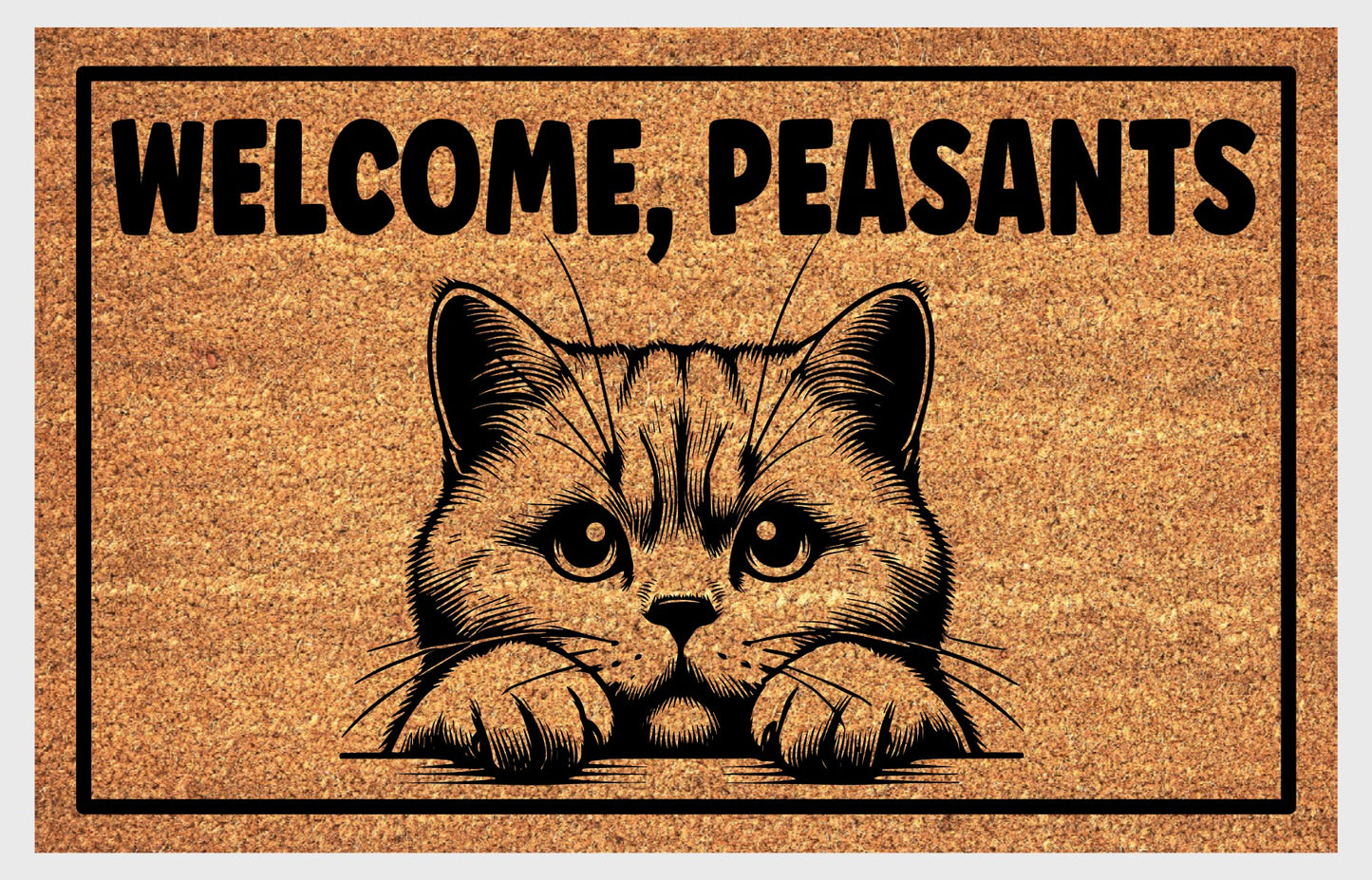 British Shorthair Cat, Welcome Peasants Doormat #1 Closeup